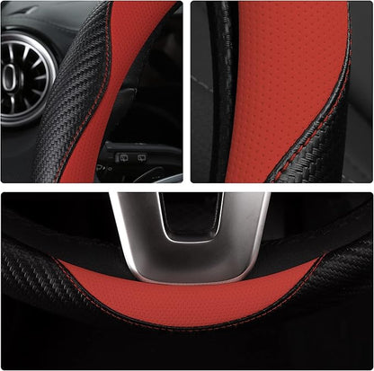 HighnessHwoo Car Steering Wheel Covers for Women Girl Padded Carbon Fiber PU Leather Cute Cartoon Auto Interior Accessories for Jeep, Truck, Universal, Anti Slip, Red, Large Size, 15.2-16in