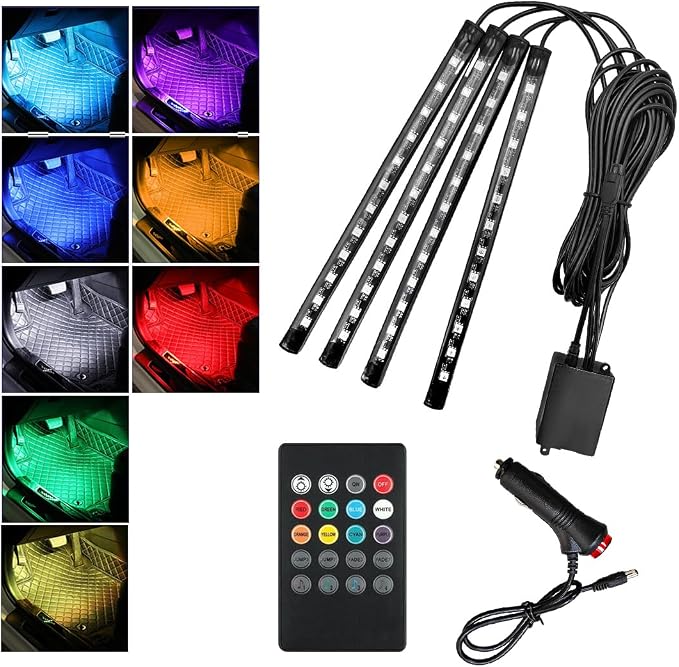 povtii Car Led Interior Lights, RBG 48 LED Multicolor Music Auto Interior Strip Light with Remote Control, Waterproof Lighting Lamp Kit Under Dash with Charger, Car Accessories (Cigarette Lighter)