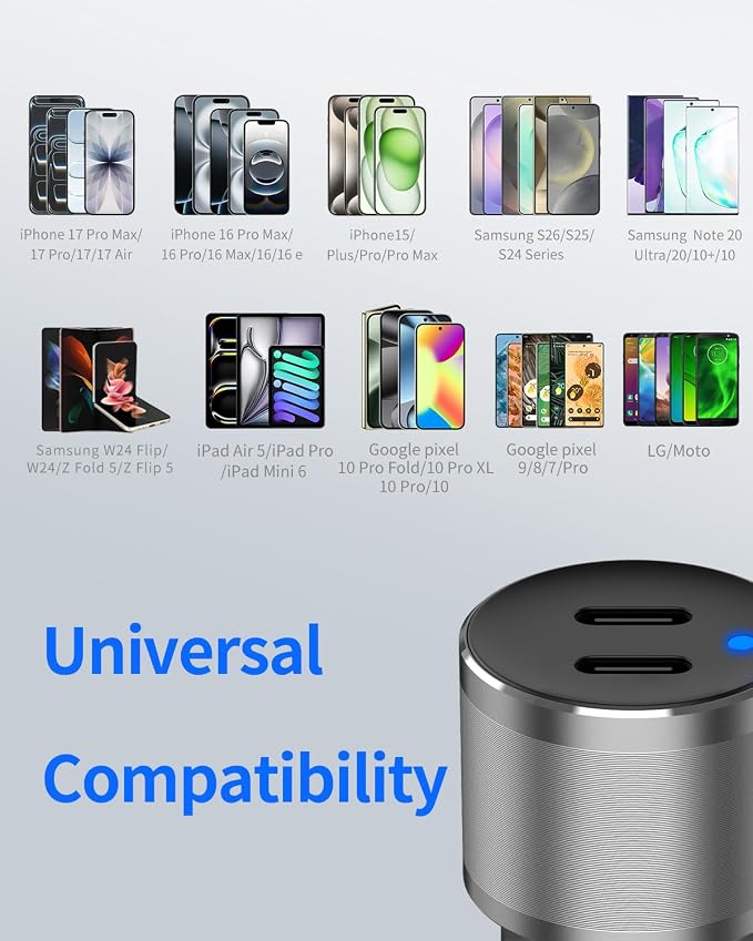 Dual 45W USB C Car Charger, 90W Max Super Fast Charging, All Metal 12V Cigarette Lighter Adapter for iPhone 17 Pro Max/16/15/iPad, Samsung Galaxy S26+/S25, Google Phones with 2 Type C Cable 3.3ft Gray
