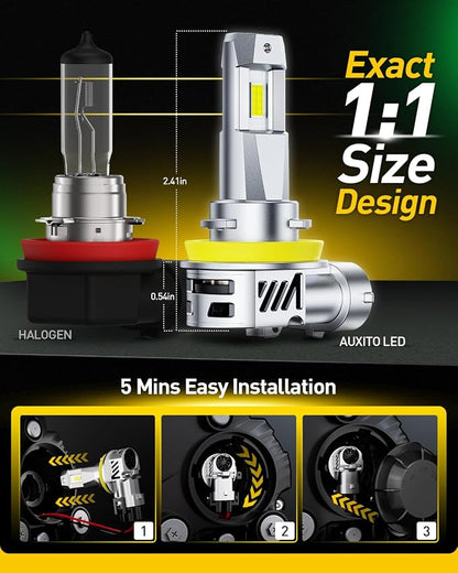 AUXITO H11/H8/H16 LED HeadIight Bulbs Fog Bulbs 40,000LM Per Set, 6500K Cool White, Plug & Play, CAN Bus Ready, 2 Pack