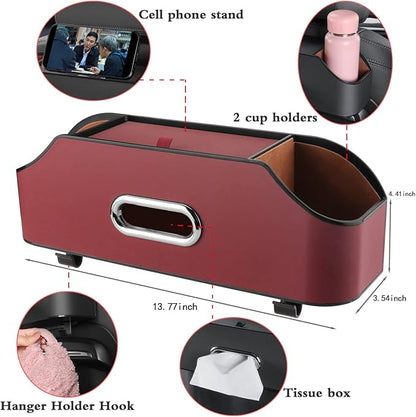 HOLDCY Car Back Seat Organizer with 2 Drink Cup Holder - Tissue Box and Storage Box Hook - Multi-functional Storage - Great for Kids and Travel (Red)