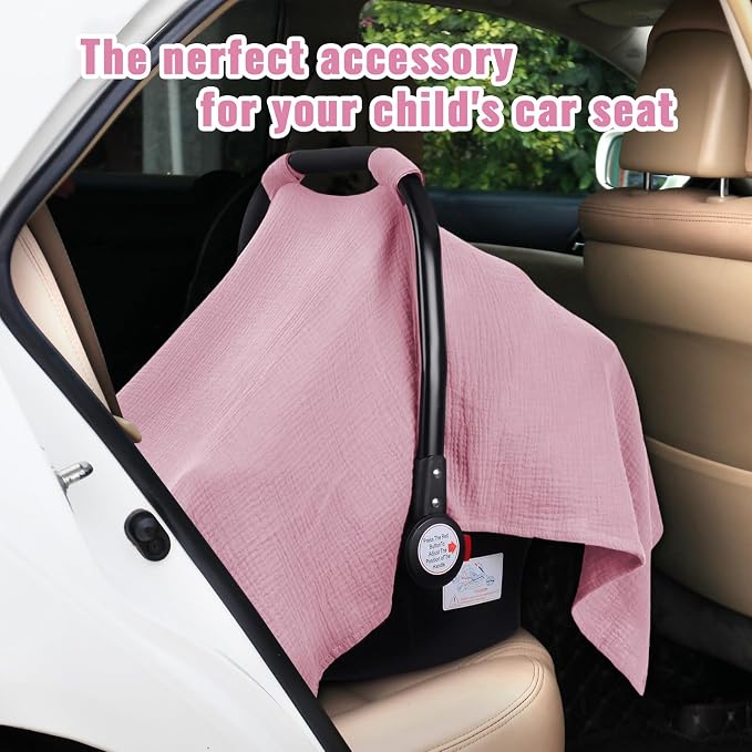 Metplus Muslin Car Seat Cover for Baby Girls, 100% Cotton Breathable Infant Carseat Canopy for Summer, Lightweight Stroller Sunshade Covers (Pale Pink)