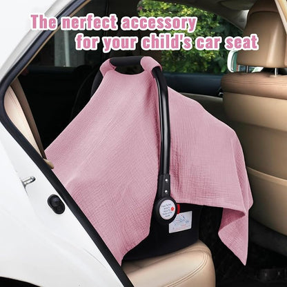 Metplus Muslin Car Seat Cover for Baby Girls, 100% Cotton Breathable Infant Carseat Canopy for Summer, Lightweight Stroller Sunshade Covers (Pale Pink)