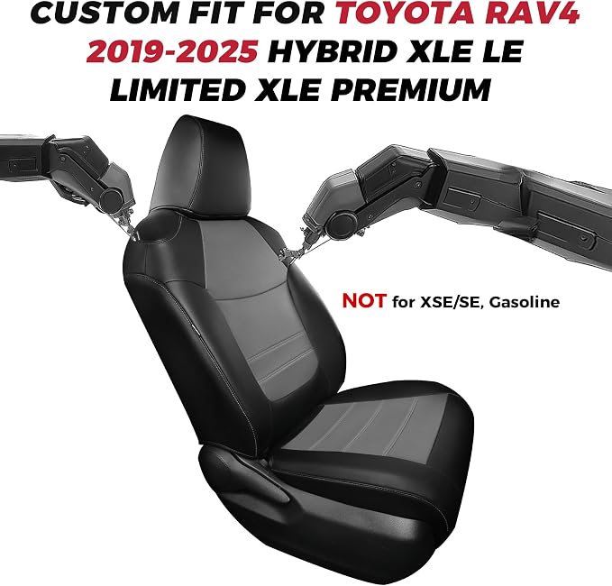 FREESOO RAV4 Seat Covers Full Set Custom Fit for Toyota Rav4(Only Hybrid) 2019 2020 2021 2022 2023 2024 2025 LE/XLE/XLE Premium/Limited, Faux Leather Car Seat Cover, Airbag Compatible, Black Gray