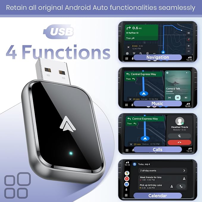 Wireless Android Auto Adapter, Convert Wired to Wireless Android Auto Adapter, Mini Size with Extension Cable USB & USB-C/Type-C, Stable Control & No Delay, No for iPhone