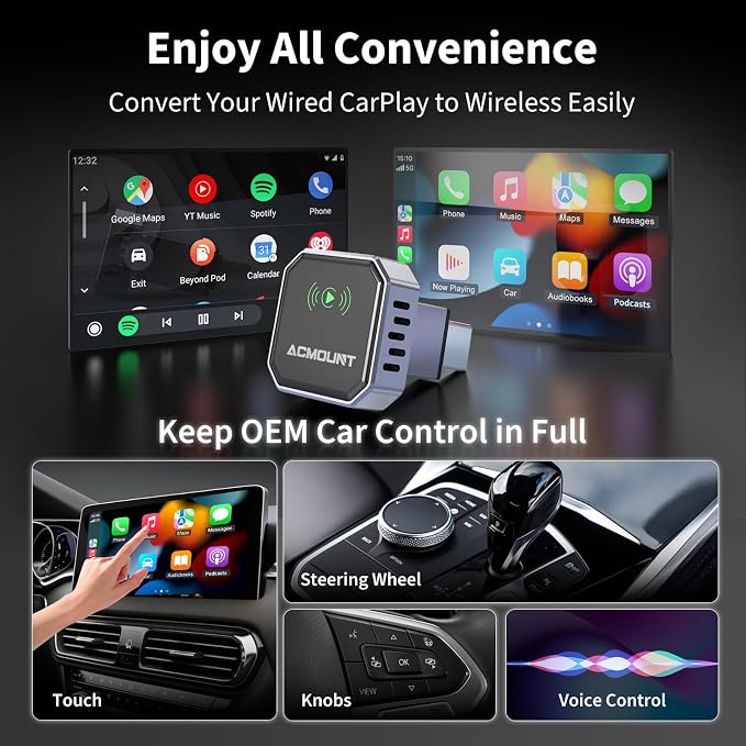 Acmount 2 in 1 Wireless Carplay Adapter & Android Auto 2026 Upgrade Wired CarPlay to Wireless, Fast Auto-Connect, Mini USB Design, Plug & Play Wireless Dongle for iPhone 6+ / Android 11+ (Lead-Gray)