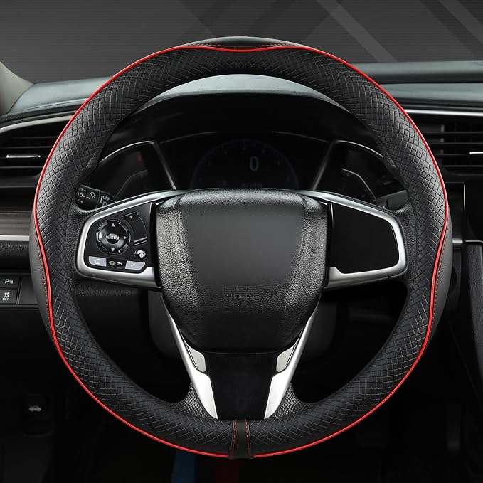 West Llama Microfiber Leather Car Steering Wheel Cover for Honda Accord Civic CR-V HR-V Pilot Fit Passport Odyssey,Sport Style,14.5-15 inch (Black+Red Line-Standrad Size)