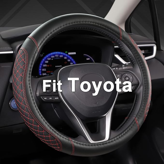 West Llama Customized Auto Car Steering Wheel Cover for Toyota Rav4 Corolla Camry Highlander(Diamond Quilted-Black+Red-Standard Size)