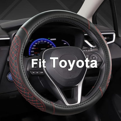 West Llama Customized Auto Car Steering Wheel Cover for Toyota Rav4 Corolla Camry Highlander(Diamond Quilted-Black+Red-Standard Size)