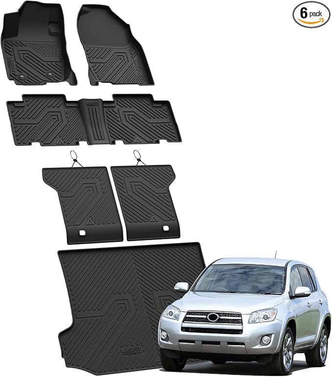 LASFIT Floor Mats & Backrest Mats & Trunk Mat for Toyota RAV4 2006-2012 5 Seat All Weather TPE Custom Fit Floor Liner 1st & 2nd Row & Seat Back & Trunk Mats Full Set Accessories, Black