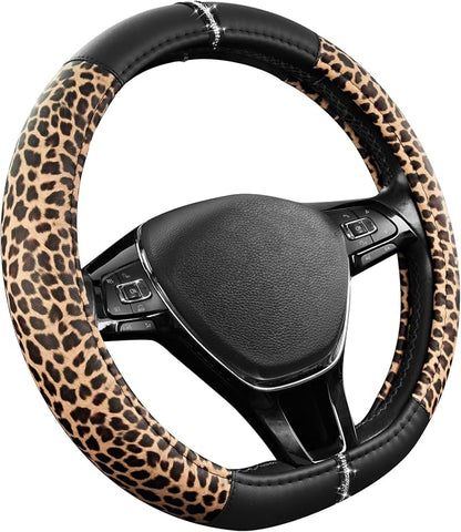 Road Comforts Leopard Steering Wheel Cover for Women, Cute Anti-Slip Microfiber Leather, Fits D Shape Flat Bottom Steering Wheel 14.5-15 Inch - Black