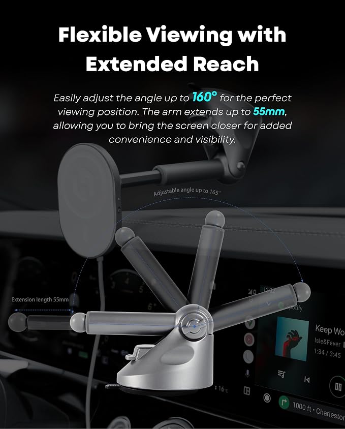 HexaCharge 4-in-1 Wireless Car Adapter – Works with Apple CarPlay and Android Auto, Magnetic Phone Mount with Wireless Charging, Converts Wired to Wireless for iPhone & Android