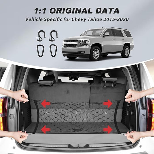 Karltys Cargo Net for Chevy Tahoe 2015-2020 Suburban/GMC Yukon Trunk Net | Envelope Style Elastic Mesh Net | Heavy Duty Metal Hooks | Chevrolet Tahoe Accessories
