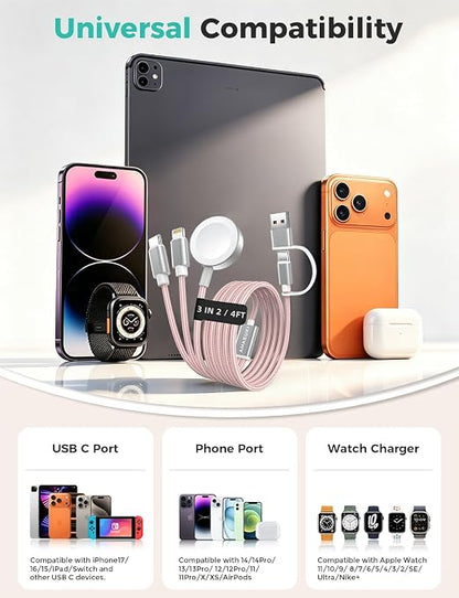 2Pack Travel Essentials for Apple Watch Charger,Cruise Vacation Camping Essentials,iPhone Charger,Multi Charging Cable,3 in 2 Charging Docks for iWatch Series 11-2/Ultra,iPhone 17-12,Car,Pink