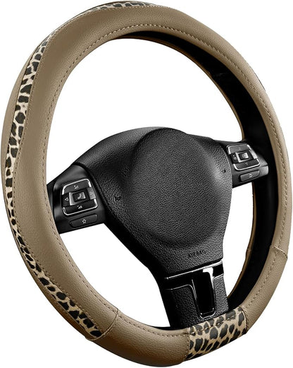 Road Comforts Steering Wheel Cover - Flat Bottom Wheel Cover Made with PVC Leather and Leopard Fabric - Universal Fit for 15-Inch D-Shaped Automotive Steering Wheels (Beige Color)