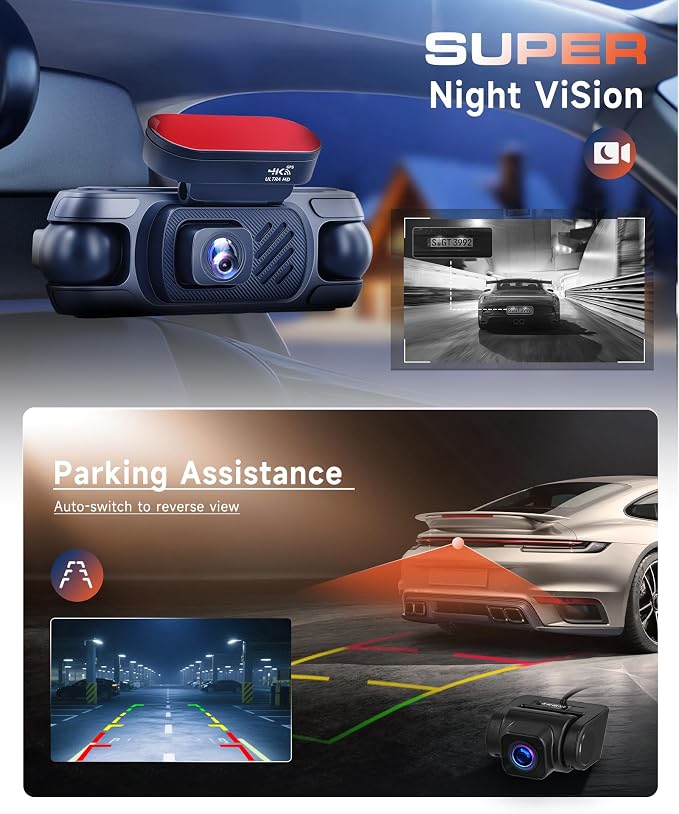 4K 360° Dash Cam 4-Channel Front/Rear/Inside/Side Car Dash Camera with WiFi, APP Control, Built-in GPS,128GB SD Card Included, 8 IR Night Vision, G-Sensor, 24/7 Parking Mode