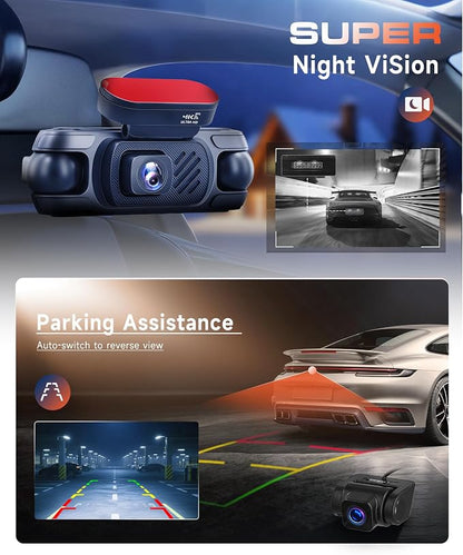 4K 360° Dash Cam 4-Channel Front/Rear/Inside/Side Car Dash Camera with WiFi, APP Control, Built-in GPS,128GB SD Card Included, 8 IR Night Vision, G-Sensor, 24/7 Parking Mode