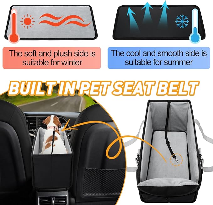 Portable Dog Car Seat for Small Dogs - Pet Booster Seat with Safety Leash, Adjustable Straps, Washable Cushion & Storage Pocket - Center Console Puppy Car Seat for Travel - Black