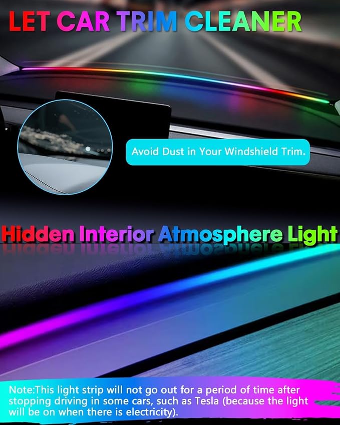 Acrylic Interior Car LED Strip Light with Motion-Activated Switch, 59.1" Neon Ambient Light, RGB Colors, APP Control, Music Sync