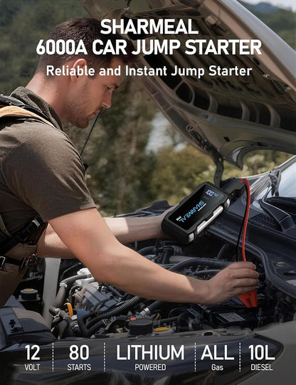 Sharmeal Jump Starter 6000A, 12V Car Battery Jump Starter (Up to All Gas or 10.0L Diesel Engine), Battery Booster with 3 Modes Flashlight and Jumper Cable