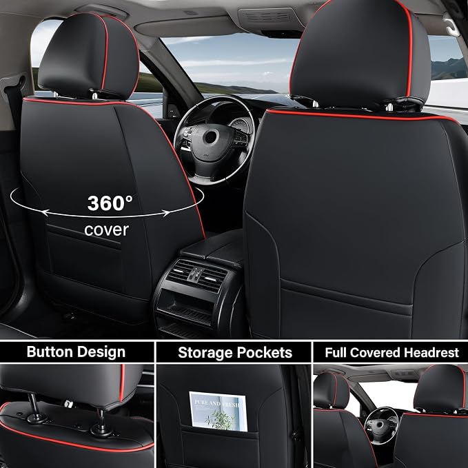 Coverado Car Seat Covers Full Set, Black Redline Seat Covers for Cars, Waterproof Nappa Leather Automotive Seat Covers with Lumbar Head Pillow, Car Seat Protectors, Universal Fit for Most Cars SUV