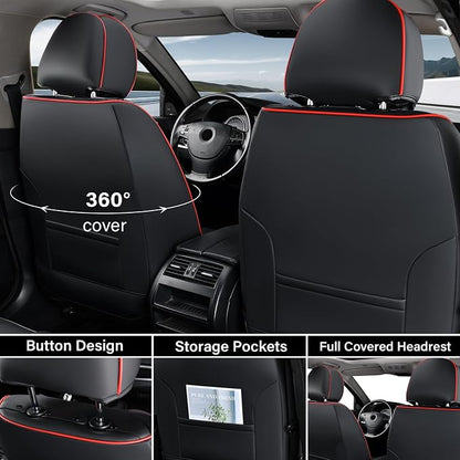 Coverado Car Seat Covers Full Set, Black Redline Seat Covers for Cars, Waterproof Nappa Leather Automotive Seat Covers with Lumbar Head Pillow, Car Seat Protectors, Universal Fit for Most Cars SUV
