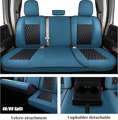Coverado Dodge Ram 1500 Full Set Seat Covers, Waterproof Leather Car Seat Covers Fit for 2010-2023 2500 3500 Dodge RAMfor Trucks Ram Accessories Full Coverage, Front&Flat Rear/Blue