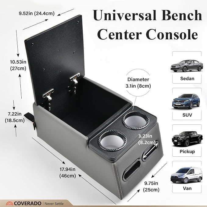 Coverado Car Center Console, Universal Bench Seat Center Consoles, Center Console for Van, Back Seat Storage Box, Rear Seat Car Console Organizer with Cup Holder, Central Armrest Box (Regular, Gray)