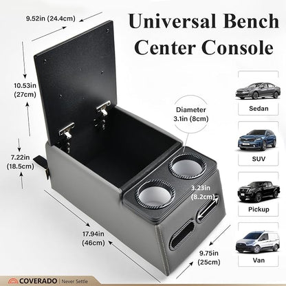 Coverado Car Center Console, Universal Bench Seat Center Consoles, Center Console for Van, Back Seat Storage Box, Rear Seat Car Console Organizer with Cup Holder, Central Armrest Box (Regular, Gray)