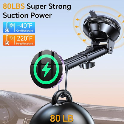 Coolpow for MagSafe Car Mount Charger【Ultra Magnet】 Magnetic Phone Holders for Your Car Charger【Windshield+Vent+Dash】 Magnetic Wireless Car Phone Holder Charger Car Mount for iPhone 17 (Purple)