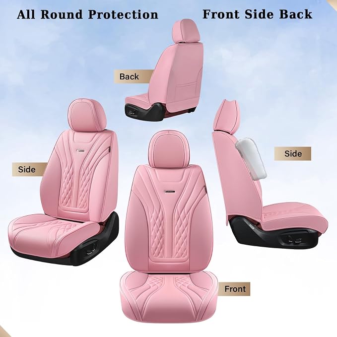 Coverado Car Seat Covers Full Set, 5 Seats Front Seat Cover and Back Seat Covers for Cars, Automotive Seat Covers Nappa Leather Waterproof Seat Covers, Car Seat Protectors Universal for Cars Pink