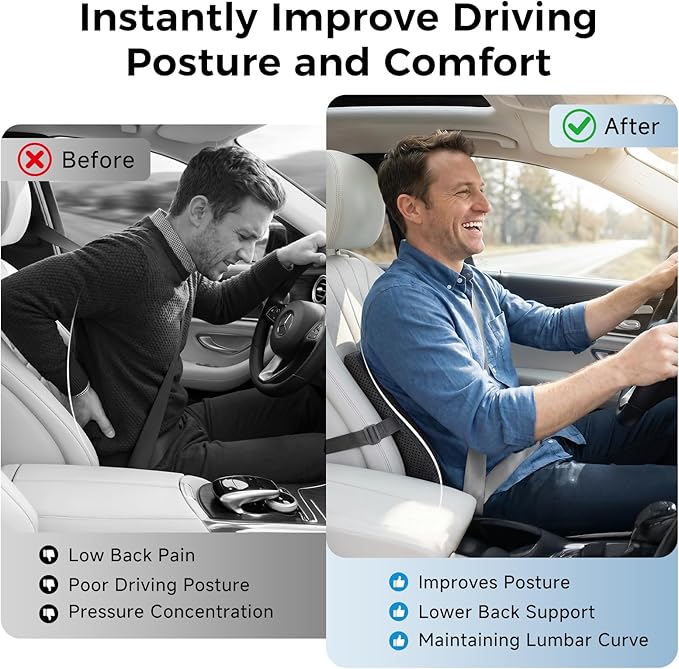 Lumbar Support Pillow for Car & Office Chair - High-Density Memory Foam Back Cushion for Sciatica & Lower Back Pain Relief - Non-Slip Support for Long Commutes & Desk Workers (3D Mesh Black)