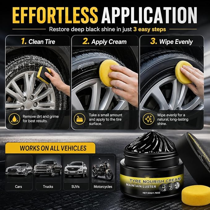Tyre Nourish Cream, Advanced Tire Wax Black for Ultimate Wheel Shine, Long-Lasting Ceramic Tire Coating, Waterproof and UV Protection Tire Polish Paste for Cars, Trucks and Motorcycles