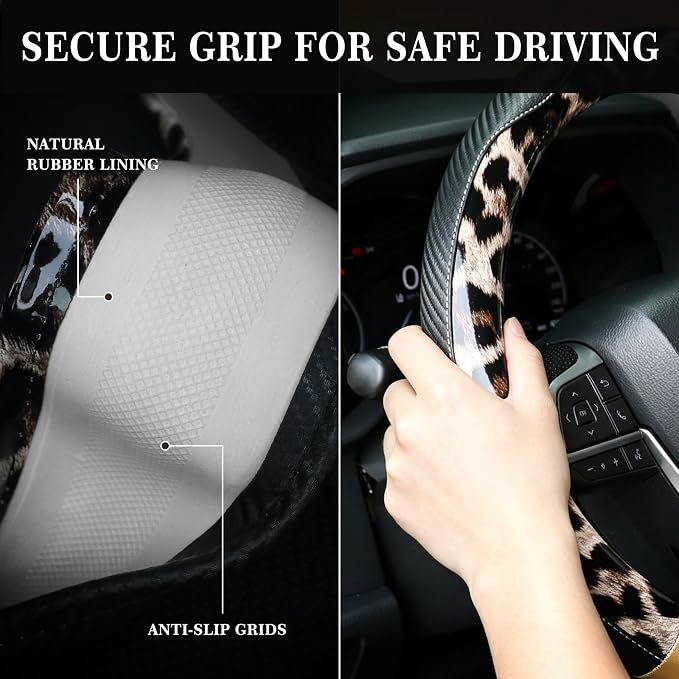 KAFEEK Dark Brown Leopard Steering Wheel Cover, 15 inch Carbon Fiber Texture, Glossy Cheetah Pattern, Non-Slip Microfiber Leather, Universal Fit for SUV Sedan