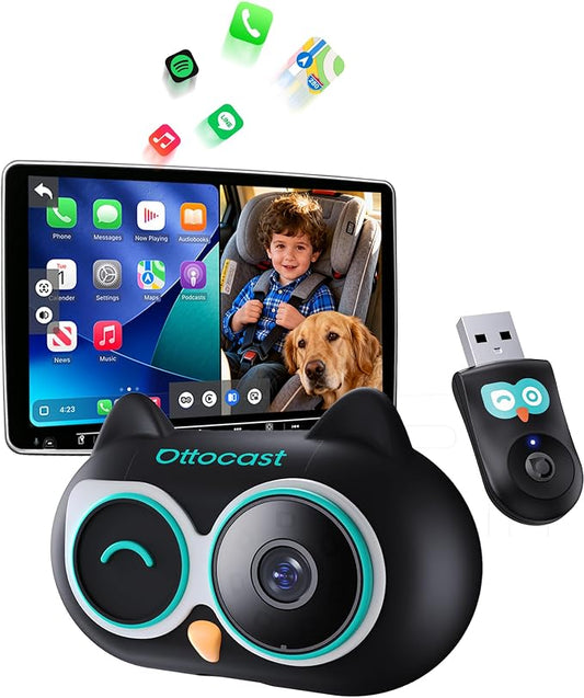 OTTOCAST Cabin Care Car Adapter with Baby Car Camera, Wireless CarPlay Display on CarScreen 2026, Plug-and-Play 1080P HD Rear Seat Baby Monitor, Split Screen Navigation, for Parents & Pet Owners