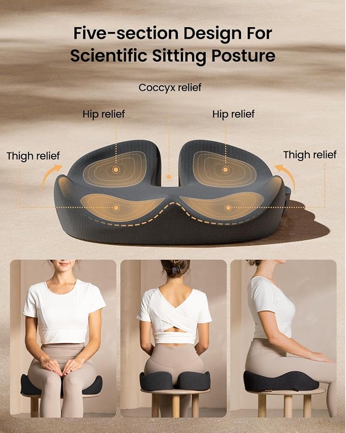 ProtoArc Seat Cushion, Office Chair Cushion for Sciatica, Coccyx Cushion, Ergonomic Memory Foam Seat Cushion for Car, Home, Pressure Relief Pad for Hip, Tailbone, All Day Comfort - Dark Gray