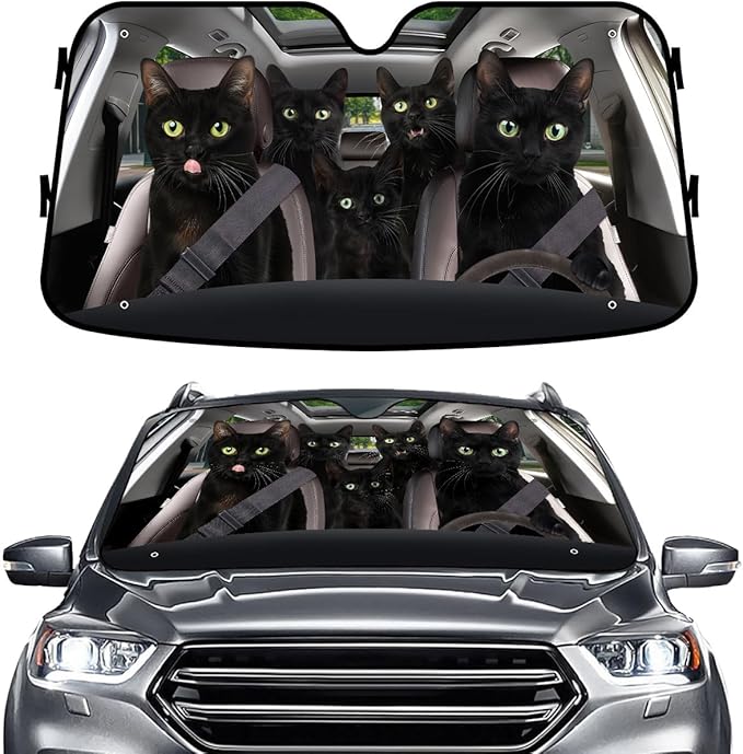 GENANY Black Cat Windshield Cover for Car SUV Truck (55x30 Inches), Foldable Heat Shield, Shades for Front Windows, Protector Blocks UV, Car Decor