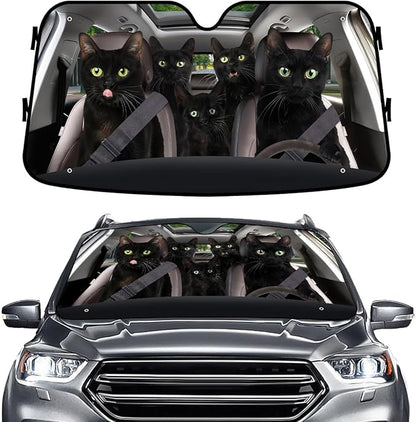 GENANY Black Cat Windshield Cover for Car SUV Truck (55x30 Inches), Foldable Heat Shield, Shades for Front Windows, Protector Blocks UV, Car Decor