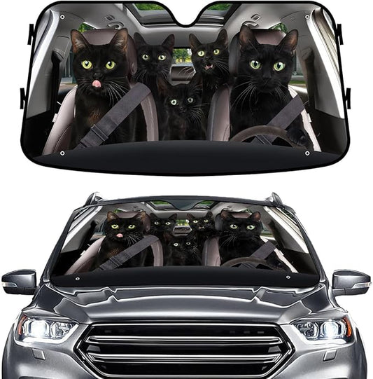 GENANY Black Cat Windshield Cover for Car SUV Truck (55x30 Inches), Foldable Heat Shield, Shades for Front Windows, Protector Blocks UV, Car Decor