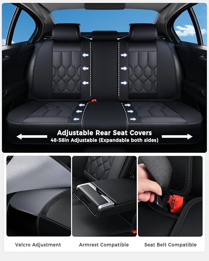 Huidasource Seat Covers Full Set, Universal Fit for Most Cars SUVs Trucks, Full Coverage Leather Car Seat Cover, Airbag, Cupholder Compatible, Seat Function Retain, Velcro Adjustable, Black