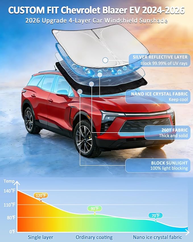 Windshield Sun Shade for Chevrolet Blazer EV 2024-2026 Car Windshield Sun Shade Accessories Upgrade 4 Layers Custom Fit Blazer EV Car Window Shades Front Windshield 260T Blocks UV Rays Keep Cool