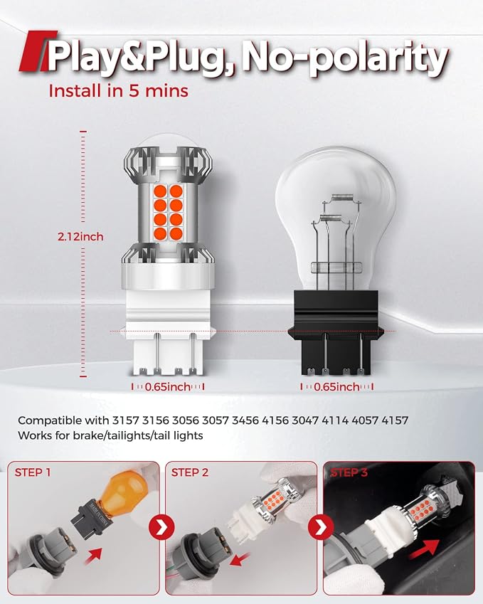 Torchbeam Newly Upgraded 3157 Red LED Bulb, LED Brake Tail Light Bulbs, 600% Brighter 3056 3057 4057 4157 3457 Brake Stop High Mount Stop Tail Taillights with HD Lens for Cars, Non-polarity, 2 Pack