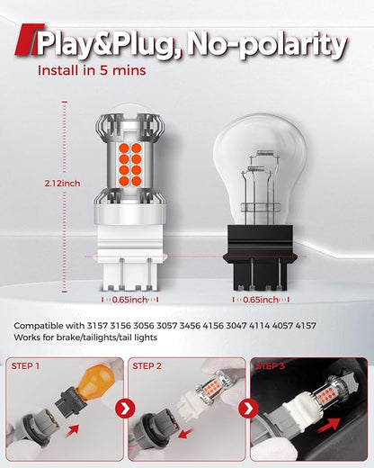 Torchbeam Newly Upgraded 3157 Red LED Bulb, LED Brake Tail Light Bulbs, 600% Brighter 3056 3057 4057 4157 3457 Brake Stop High Mount Stop Tail Taillights with HD Lens for Cars, Non-polarity, 2 Pack