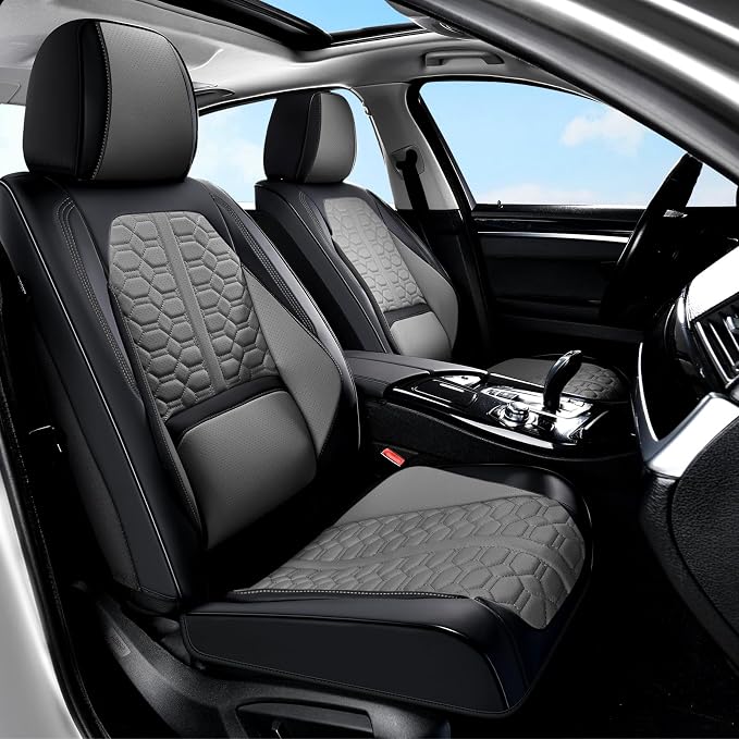 Huidasource Front and Back Seat Covers Universal Fit for Most Cars SUV Trucks, Leather Car Seat Covers Full Set 5 Seats, Full-Cover Pickup Truck Seat Cover with Lumbar Support, Black & Gray
