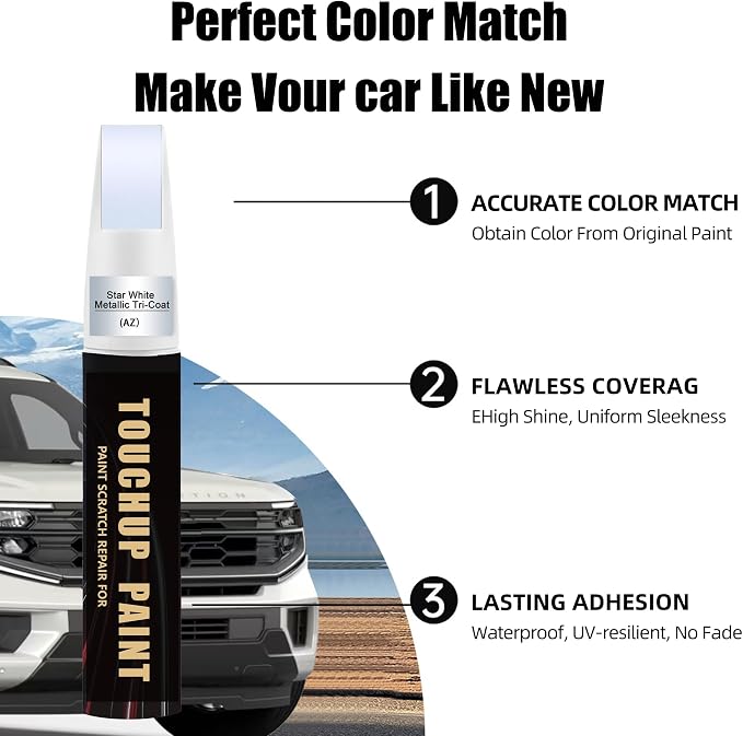 Star White Metallic Tri-Coat(AZ) Car Paint Touch Up Pen for Ford, 2-In-1 Color Accurate Touch Up Car Scratch Repair Paint Exact Match Ford Series Automotive Scratch Remover for Nicks & Chips Repair