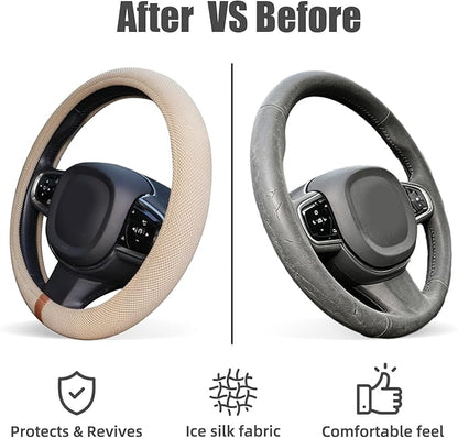 Universal Car Steering Wheel Cover for Summer, Non-Slip Breathable Cooling Steering Wheel Cover Protector with Brown Mark Upgraded Silicone Inner Ring for Summer D Shape & Round Shape, Khaki
