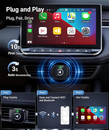 Ticarve 2-in-1 Wireless Apple CarPlay & Android Auto Adapter, Plug & Play CarPlay Wired to Wireless Adapter, Stable Auto-Connect, No Latency, iOS 10+ & Android 11+, USB/USB-C Extension Cable