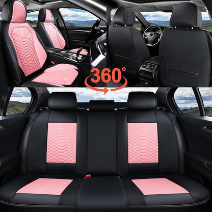 Coverado Seat Covers Full Set, Waterproof Nappa Leather Seat Covers for Cars, 5 Seats Universal Car Seat Protectors, Black and Pink Leather Car Seat Covers Car Seat Cushions Fit for Most Cars