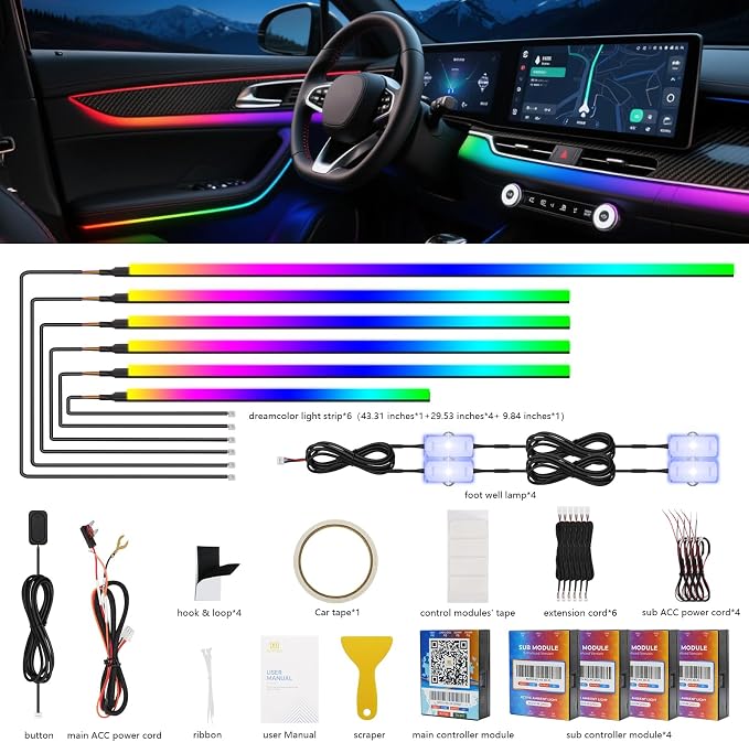2026 Upgraded Interior Car LED Strip Lights, Acrylic LED Lights for Car Dynamic Dreamcolor Chasing, Dual-Zone Control,Ambient Lighting Kits Music Sync Dreamcolor 10 in 1 with Self-Developed APP