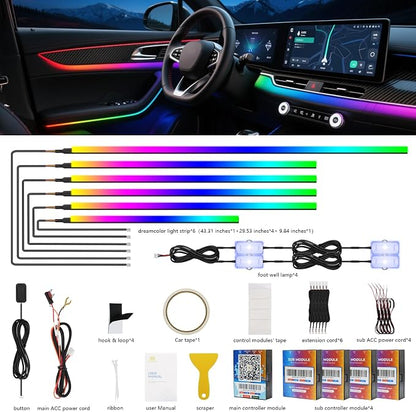 2026 Upgraded Interior Car LED Strip Lights, Acrylic LED Lights for Car Dynamic Dreamcolor Chasing, Dual-Zone Control,Ambient Lighting Kits Music Sync Dreamcolor 10 in 1 with Self-Developed APP